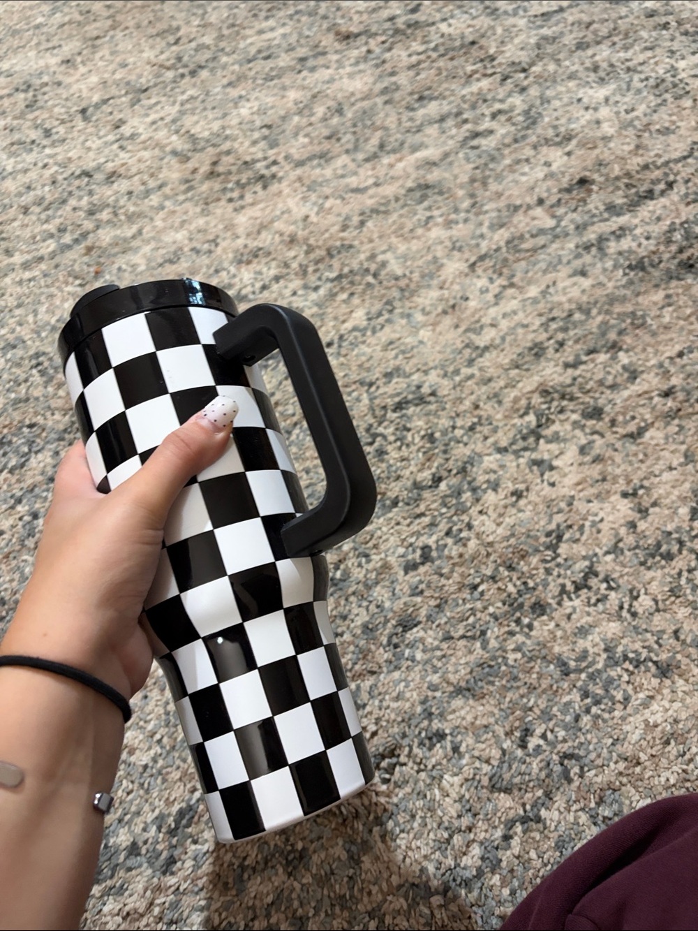 Black & White Checkered Travel Mug with Handle and Straw - Picture 4 of 7